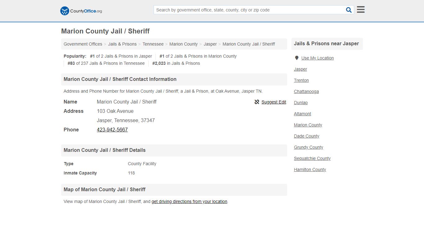 Marion County Jail / Sheriff - Jasper, TN (Address and Phone)
