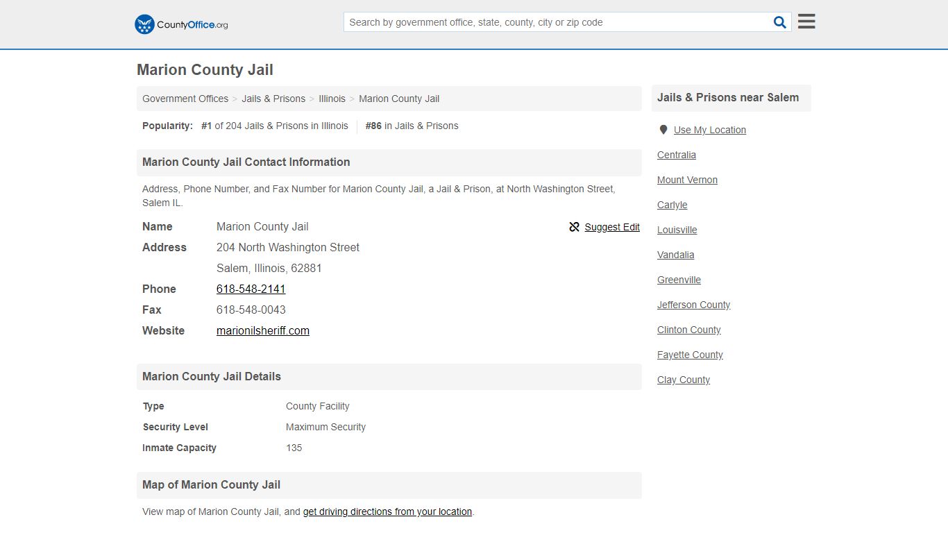 Marion County Jail - Salem, IL (Address, Phone, and Fax)